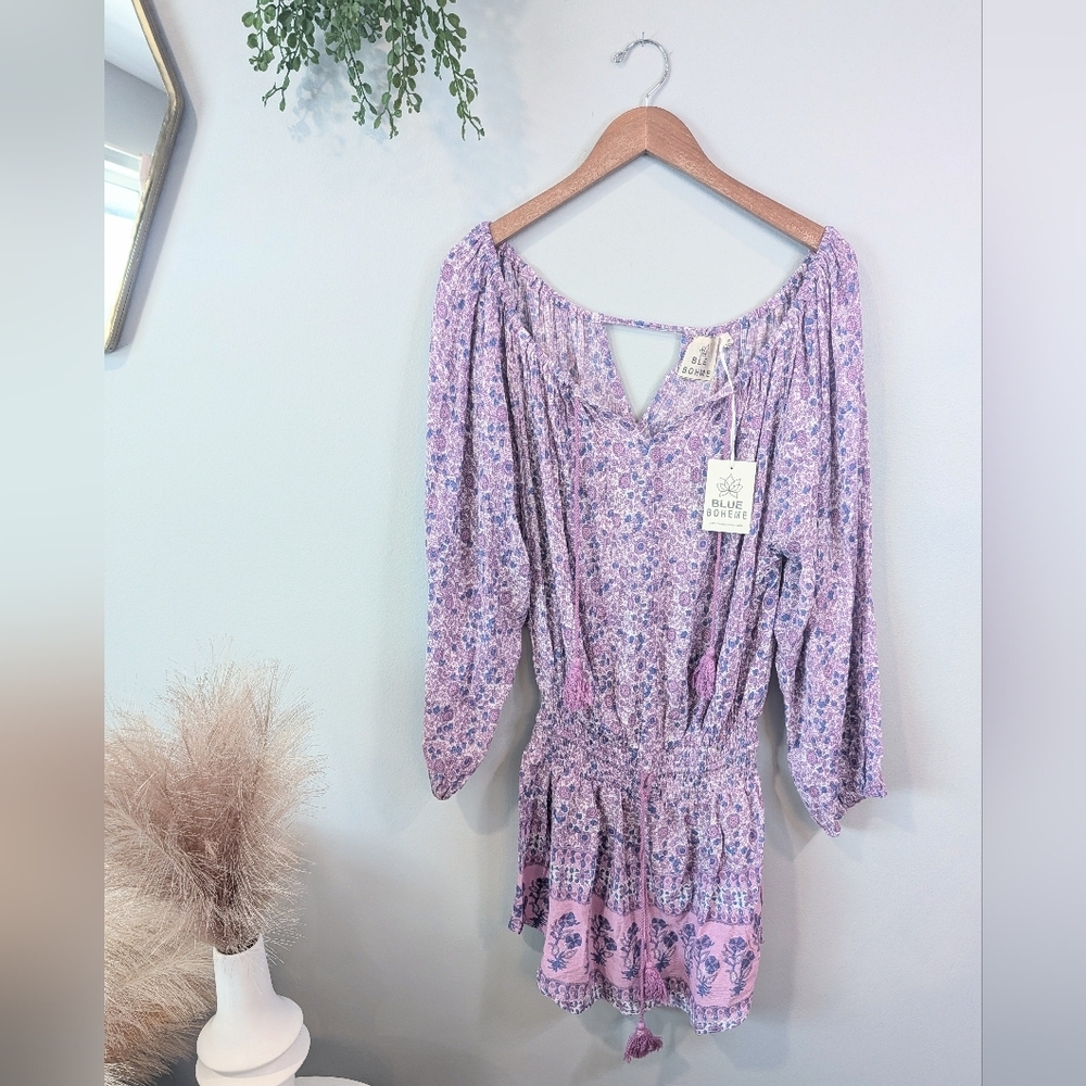 New Blue Boheme Lavender Floral Smocked Waist Mini Dress One Size